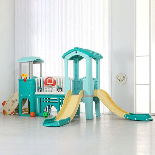 Mint Green Dual-Tower Playset with Basketball Hoop and Twin Slides Main Product Image