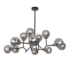 Modern 12-Light Black Chandelier with Smoky Gray Glass Shades