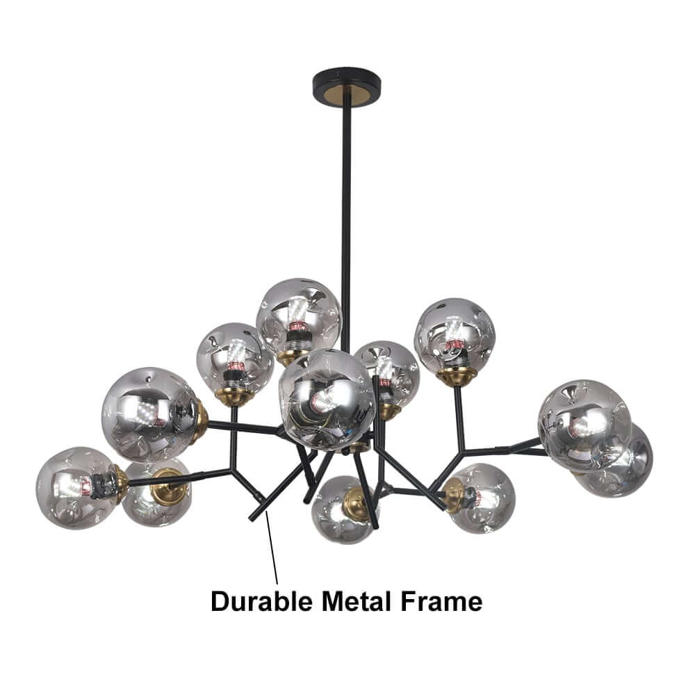 Modern 12-Light Black Chandelier with Smoky Gray Glass Shades