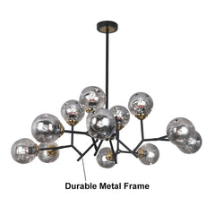Modern 12-Light Black Chandelier with Smoky Gray Glass Shades