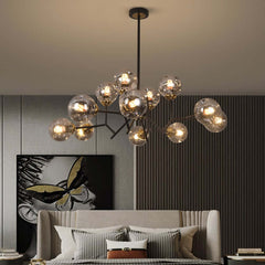 Modern 12-Light Black Chandelier with Smoky Gray Glass Shades