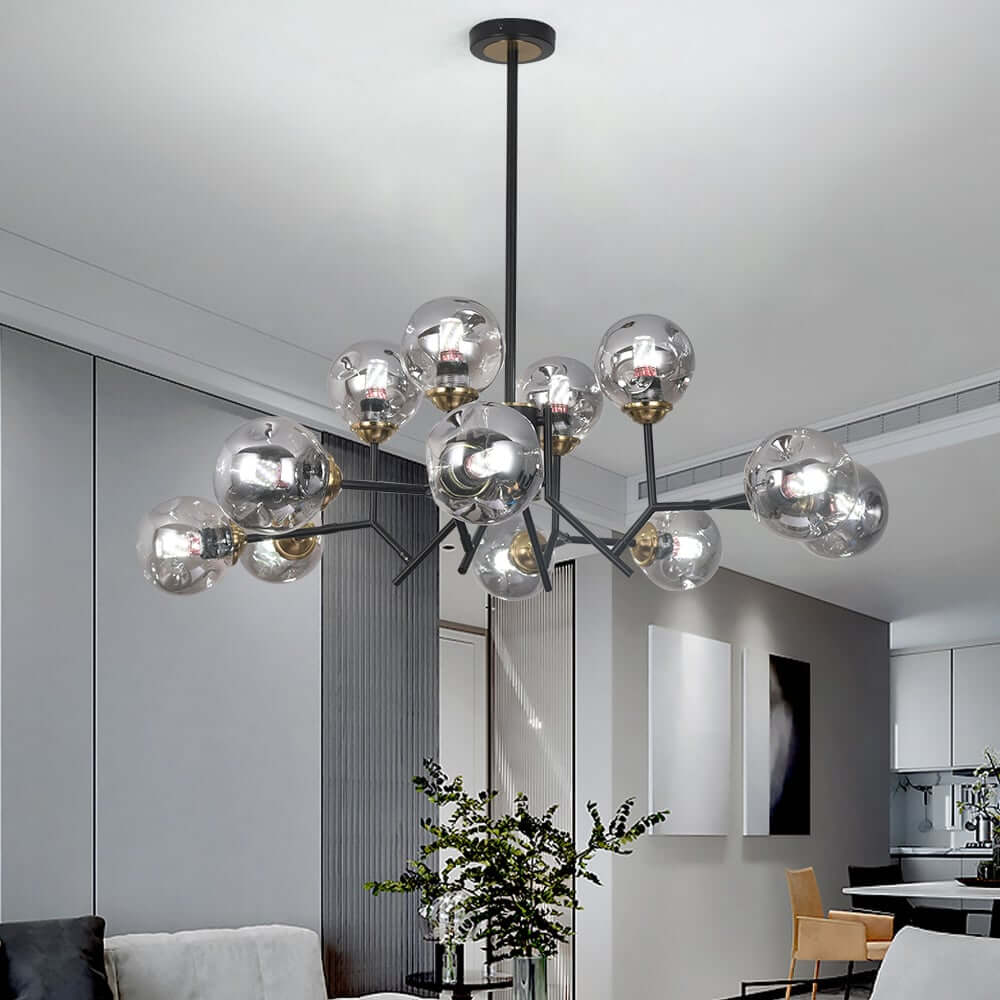 Modern 12-Light Black Chandelier with Smoky Gray Glass Shades