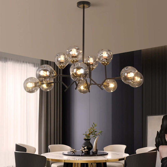 Modern 12-Light Black Chandelier with Smoky Gray Glass Shades Main Product Image
