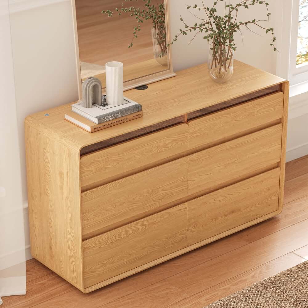 Modern 6-Drawer Double Dresser with Built-In Lighting and Charging