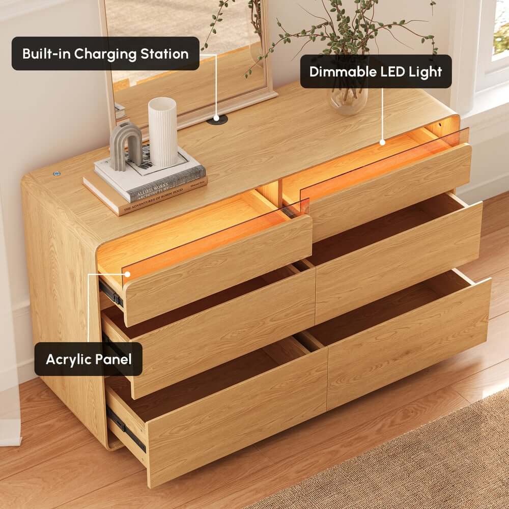Modern 6-Drawer Double Dresser with Built-In Lighting and Charging