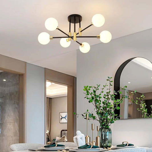 Modern 6-Light Globe Semi Flush Mount Ceiling Light in White Glass Main Product Image