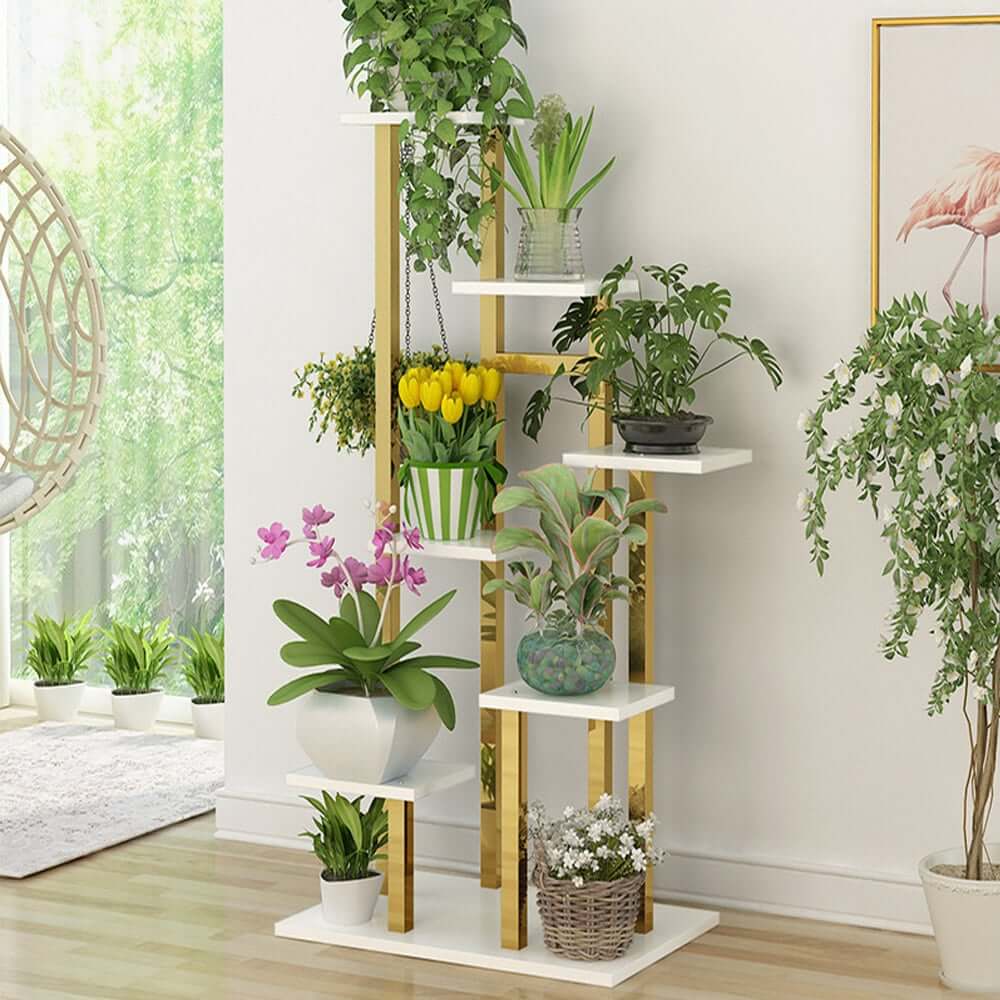 Modern 7-Tier Plant Stand with Stainless Steel and Manufactured Wood Main Product Image