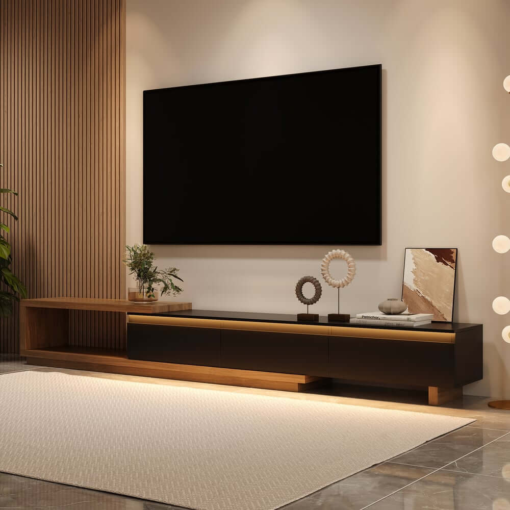 Modern 71" TV Stand With 3 Drawers - Walnut & Black