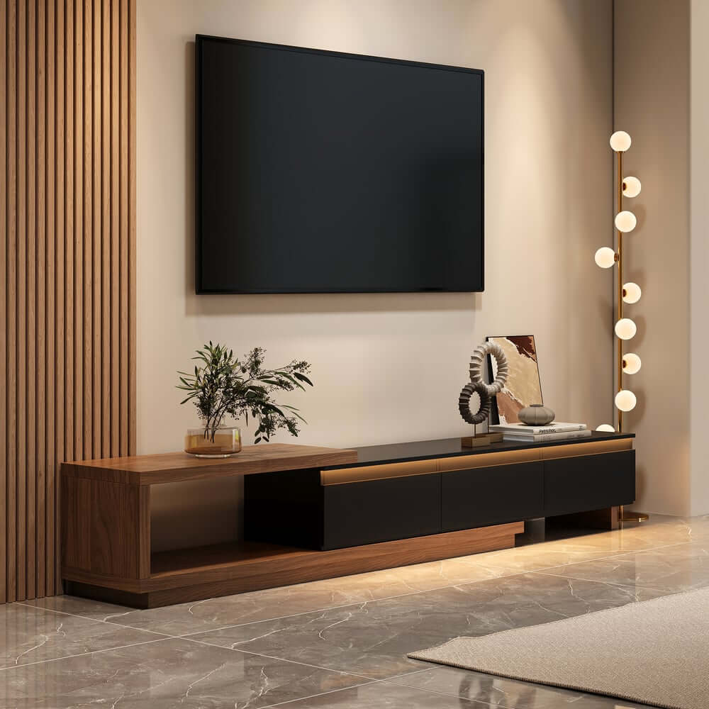 Modern 71" TV Stand With 3 Drawers - Walnut & Black