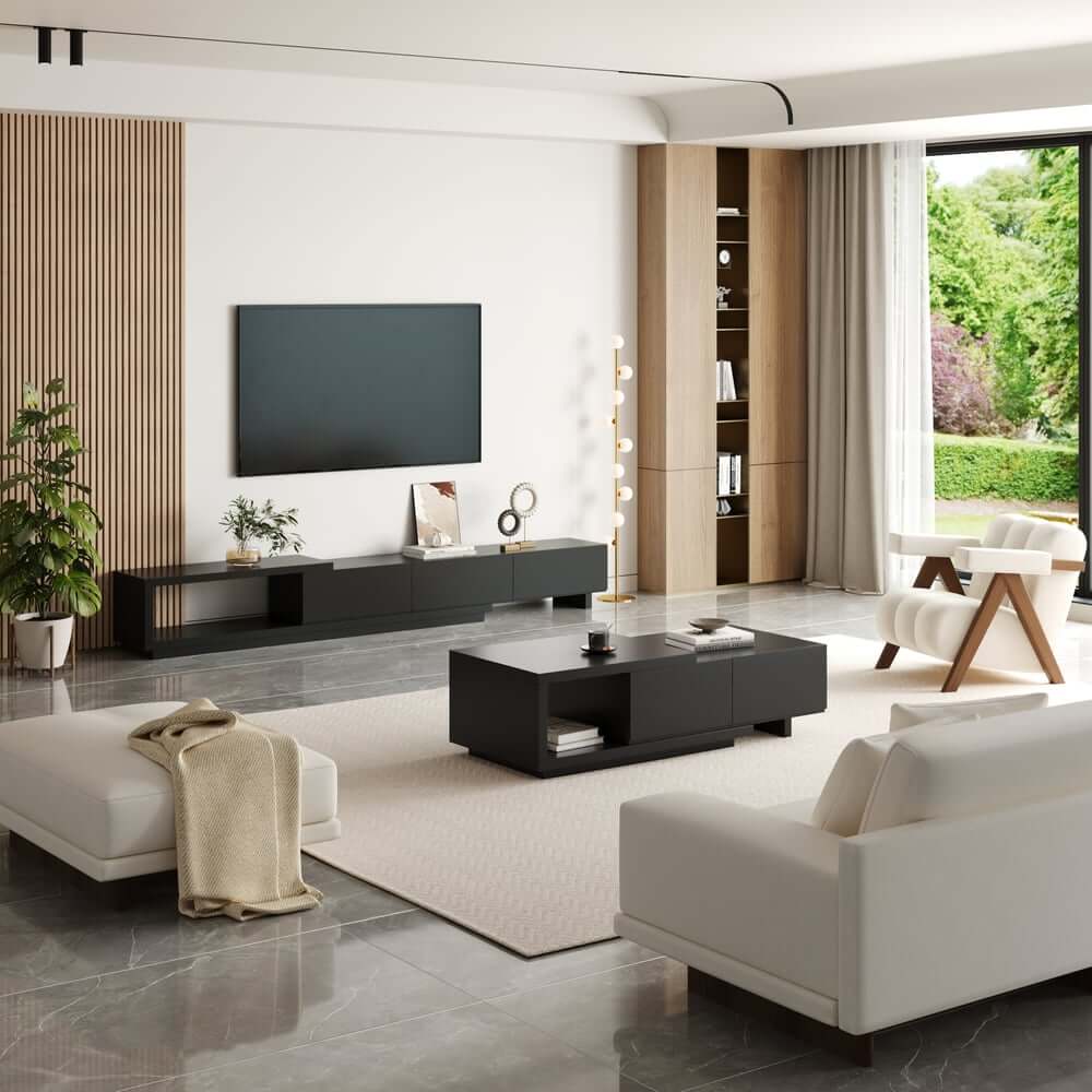 Modern 71" TV Stand With 3 Drawers - Walnut & Black