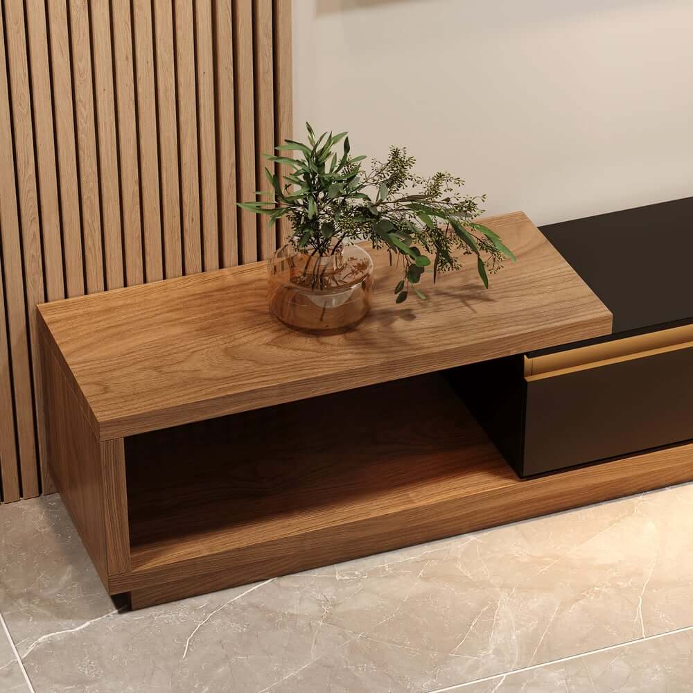 Modern 71" TV Stand With 3 Drawers - Walnut & Black