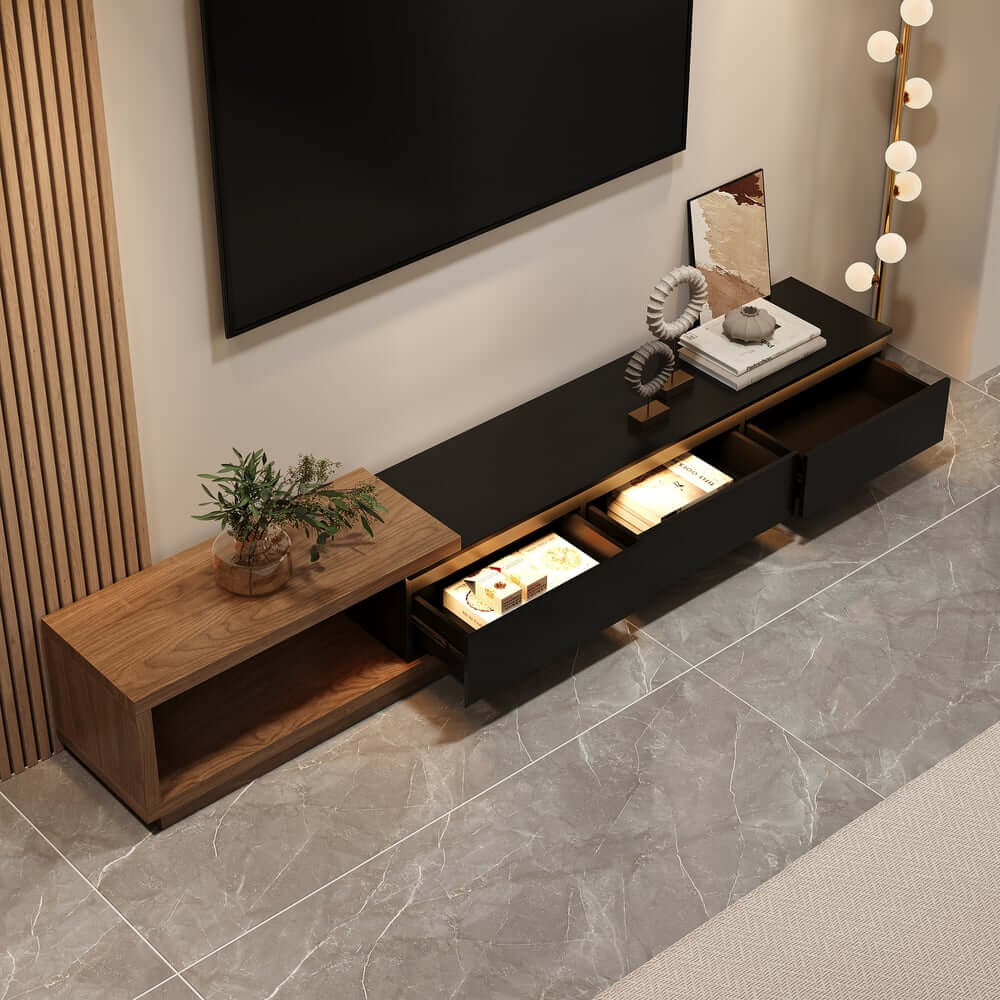 Modern 71" TV Stand With 3 Drawers - Walnut & Black