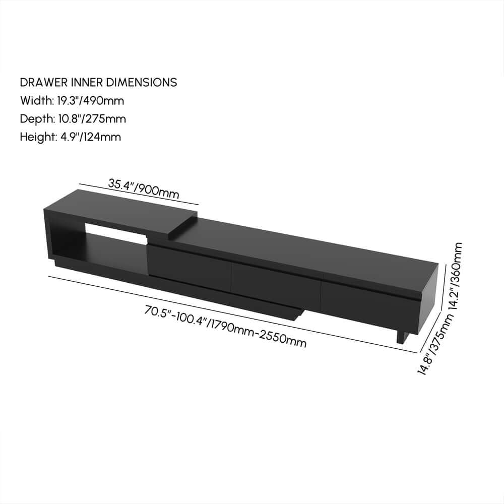 Modern 71" TV Stand With 3 Drawers - Walnut & Black Dimensions