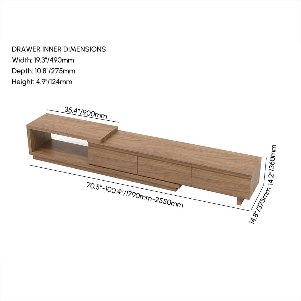 Modern 71" TV Stand With 3 Drawers - Walnut & Black Dimensions