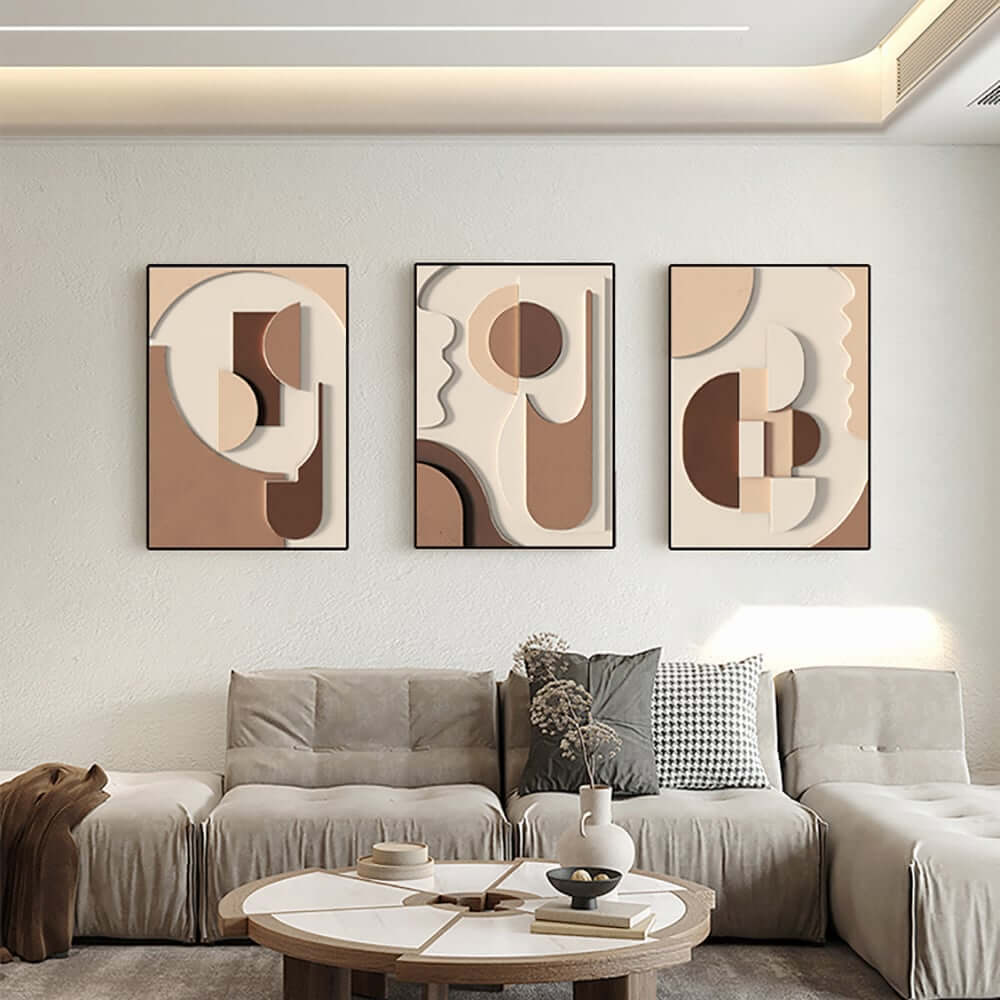 Modern Abstract Geometric Canvas Wall Art Triptych with Frame