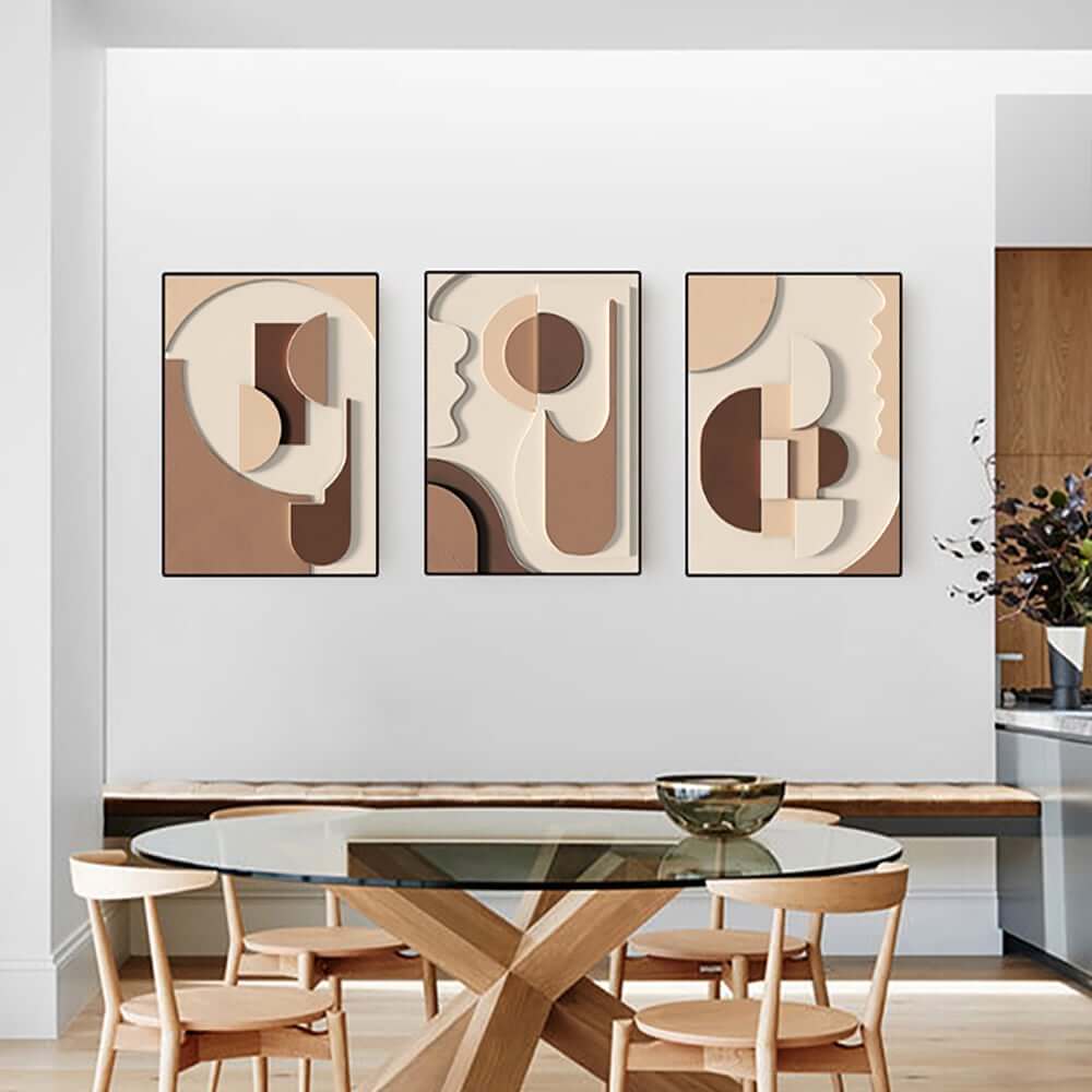 Modern Abstract Geometric Canvas Wall Art Triptych with Frame