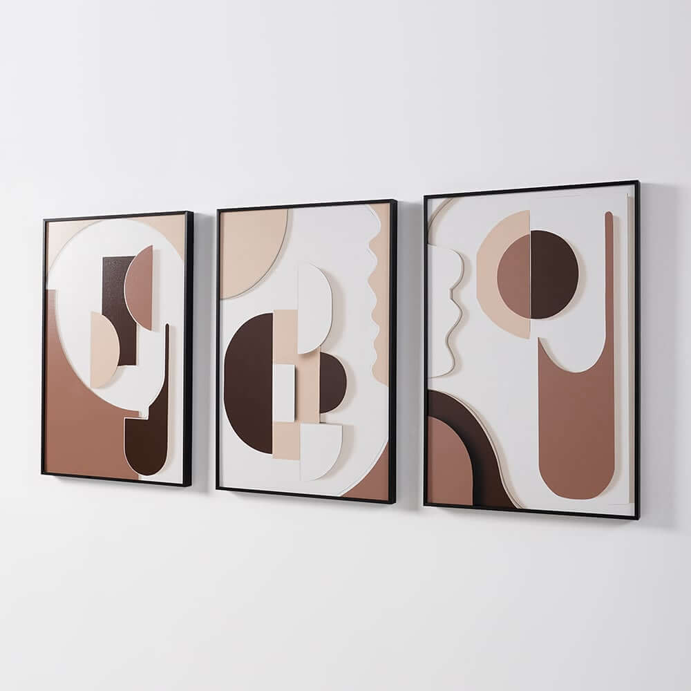 Modern Abstract Geometric Canvas Wall Art Triptych with Frame