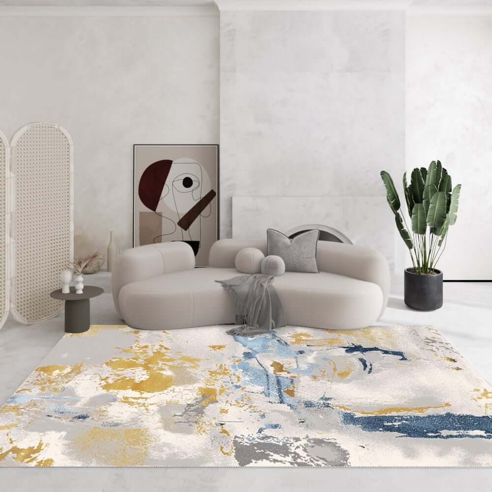 Modern Abstract Nylon Area Rug in Blue and Gold