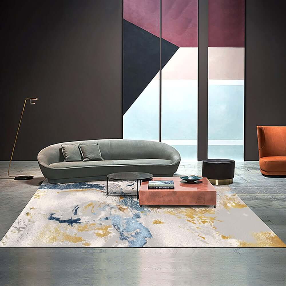 Modern Abstract Nylon Area Rug in Blue and Gold