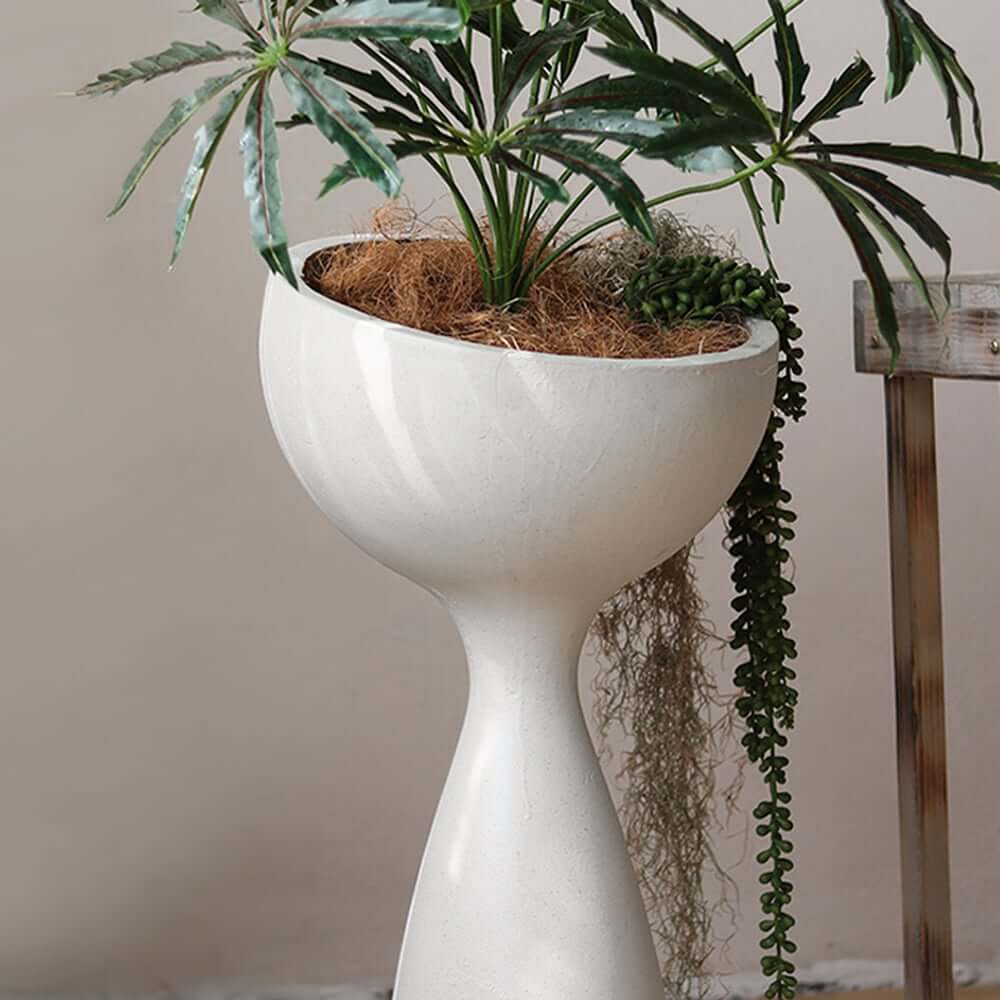 Modern Abstract White Resin Planter for Outdoor Use - 26" Tall