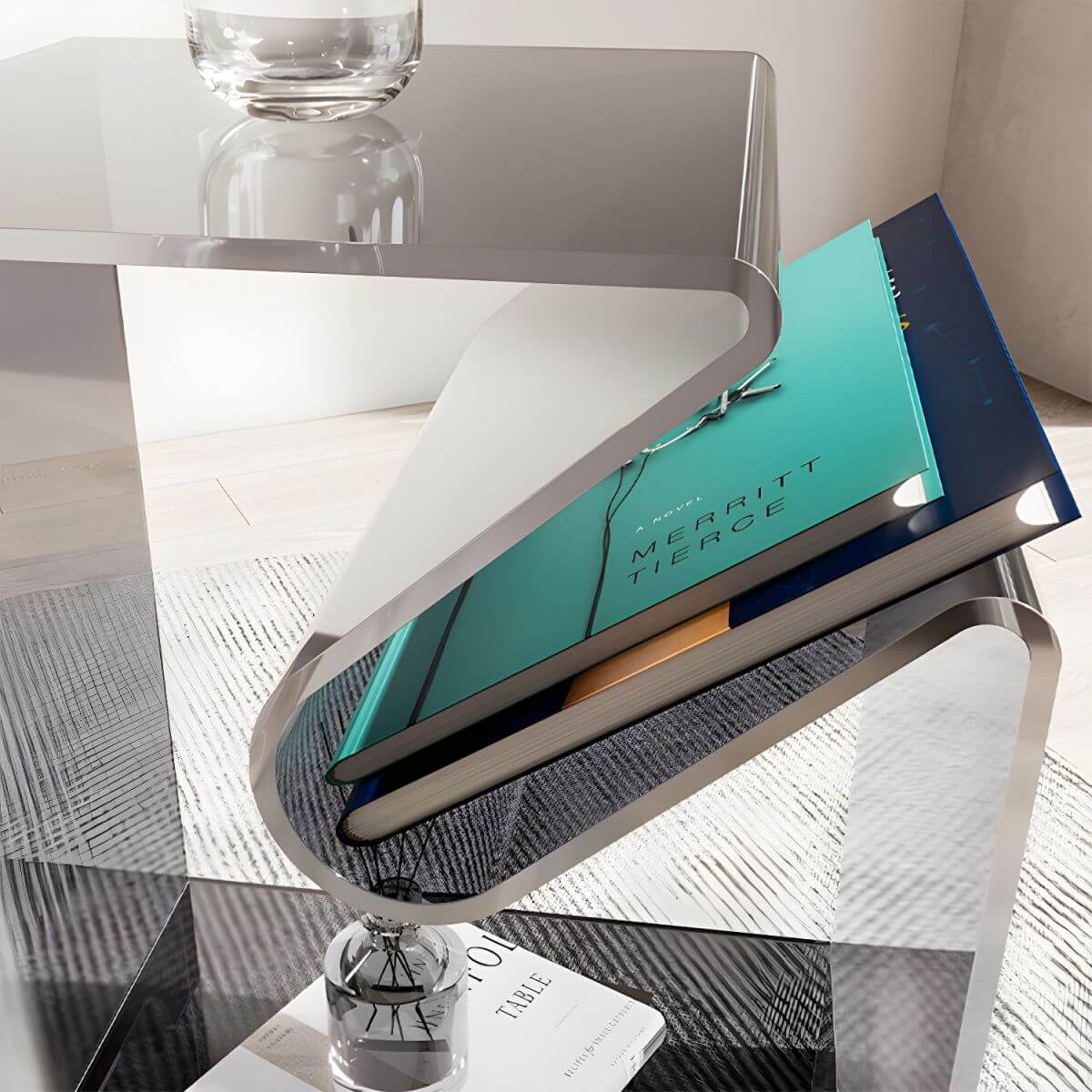 Modern Acrylic Rectangular End Table with Shelf – Blue, Orange, Grey