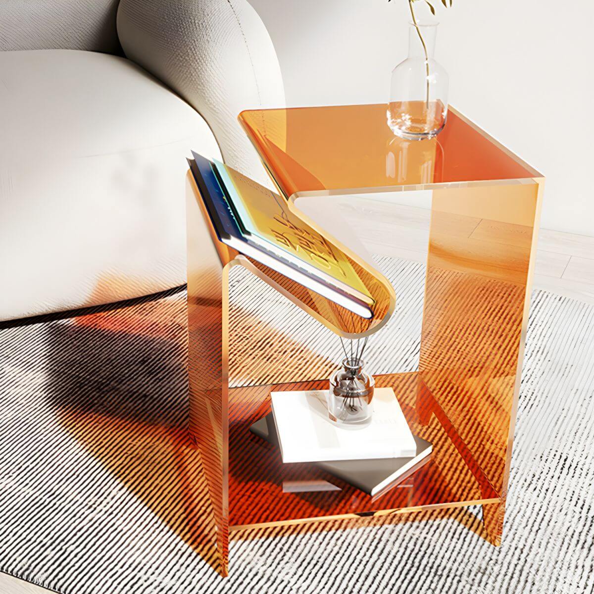 Modern Acrylic Rectangular End Table with Shelf – Blue, Orange, Grey