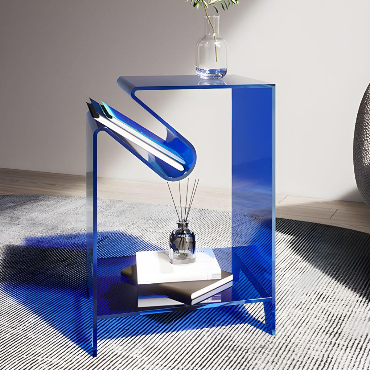 Modern Acrylic Rectangular End Table with Shelf – Blue, Orange, Grey