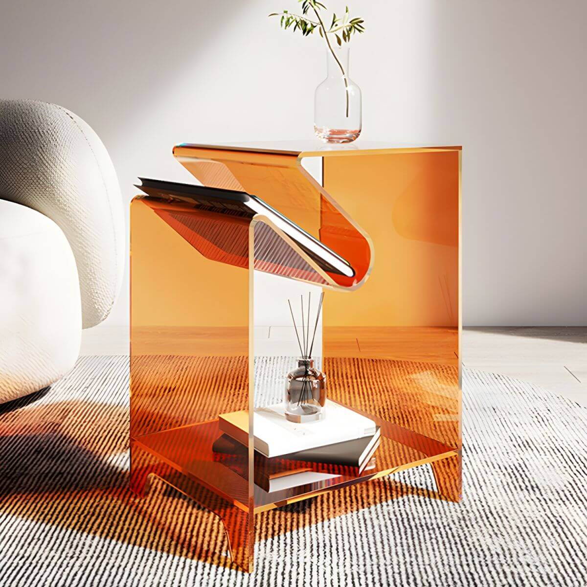 Modern Acrylic Rectangular End Table with Shelf – Blue, Orange, Grey
