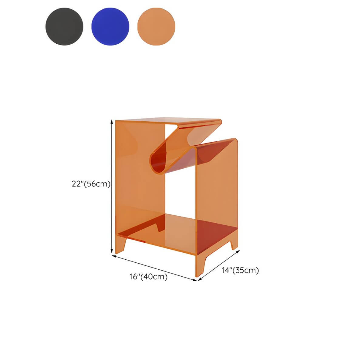 Modern Acrylic Rectangular End Table with Shelf – Blue, Orange, Grey Dimensions