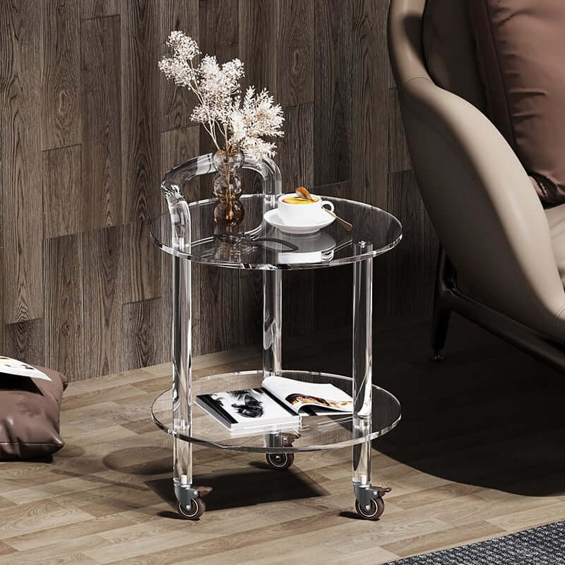 Modern Acrylic Round Bar Cart With Storage Shelves