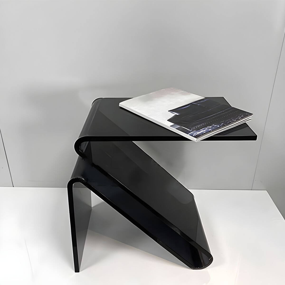Modern Acrylic Side Table with Magazine Rack – Sculptural Z-Shape Design