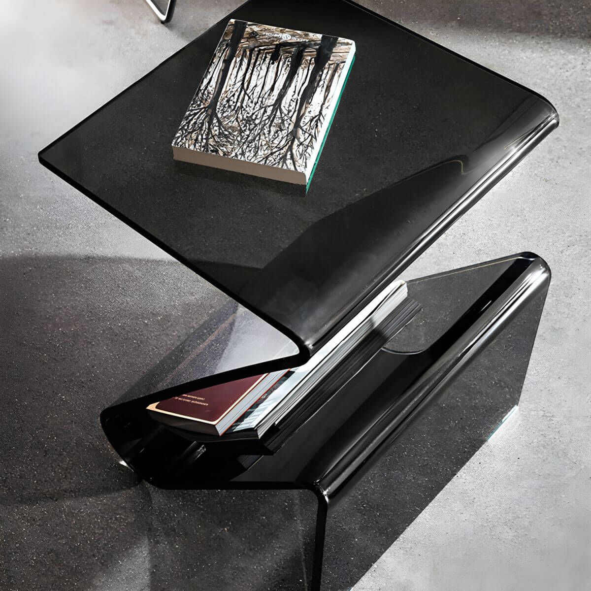 Modern Acrylic Side Table with Magazine Rack – Sculptural Z-Shape Design