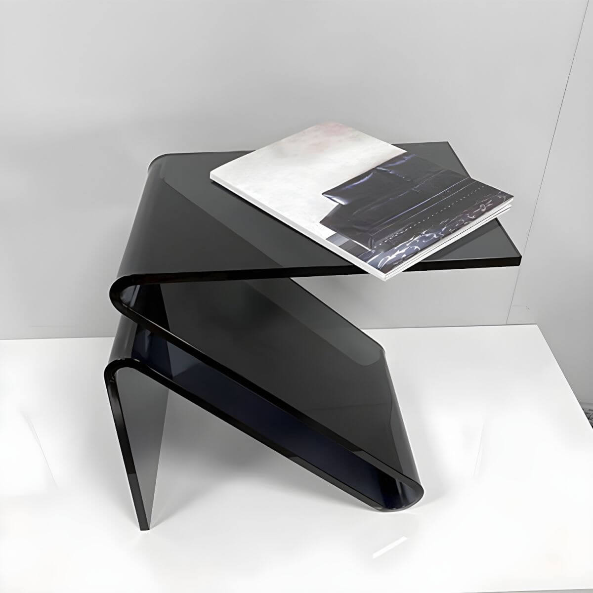 Modern Acrylic Side Table with Magazine Rack – Sculptural Z-Shape Design