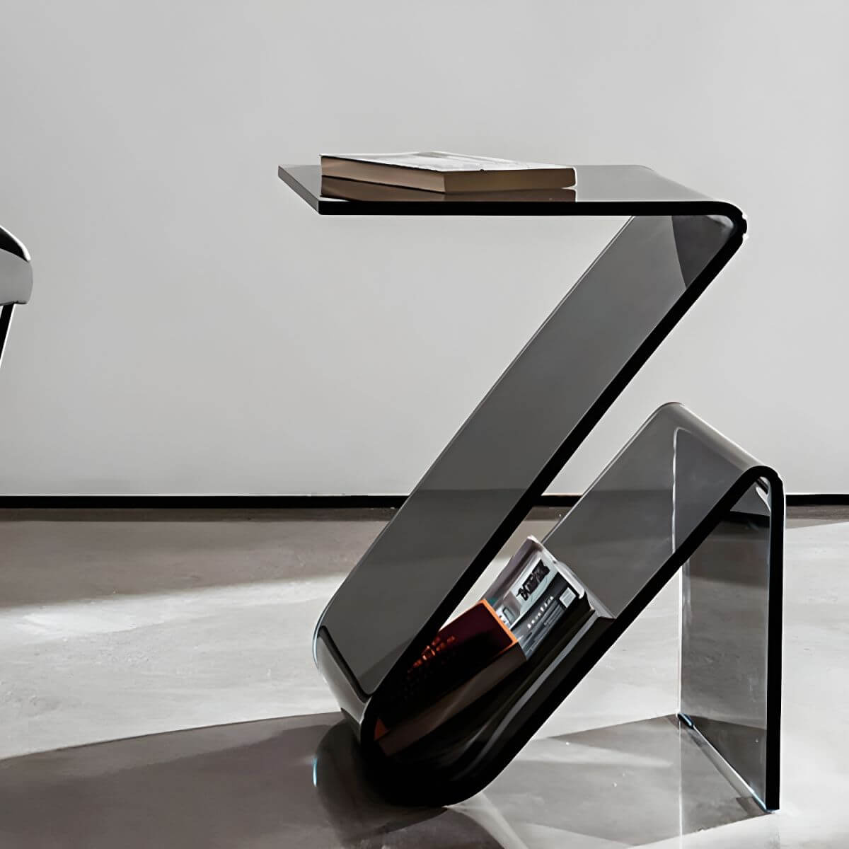 Modern Acrylic Side Table with Magazine Rack – Sculptural Z-Shape Design Main Product Image