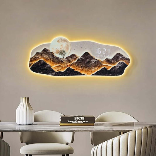 Modern Acrylic Wall Clock with LED Lighting and Irregular Mountain-Moon Design