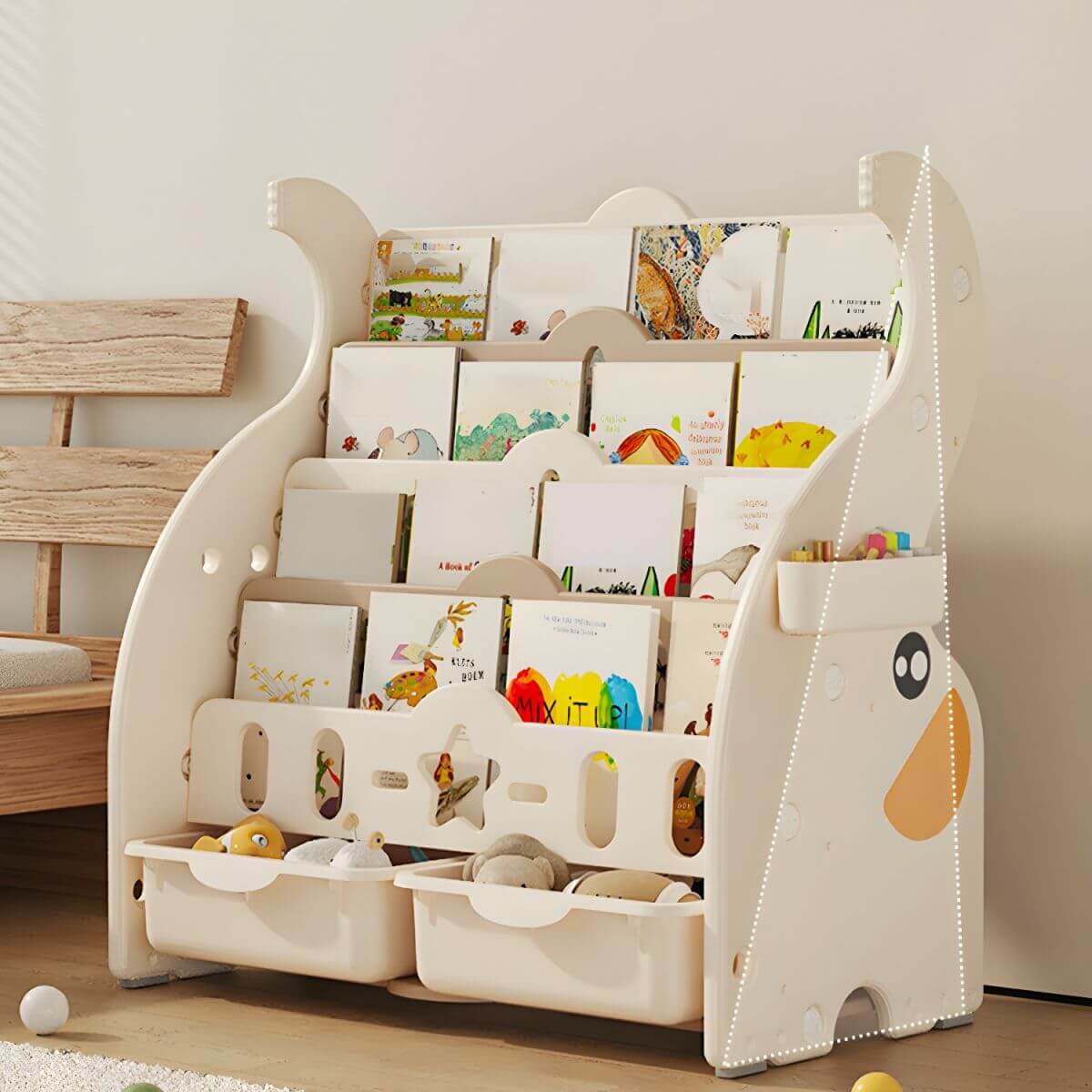 Modern Animal-Themed Kids Bookcase with Storage Bins