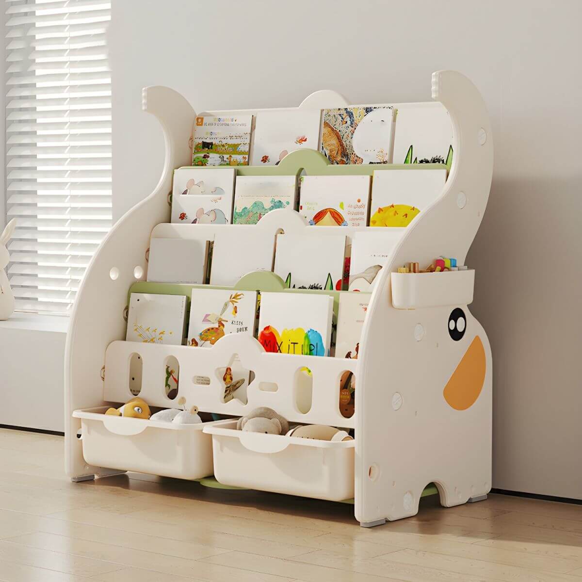 Modern Animal-Themed Kids Bookcase with Storage Bins