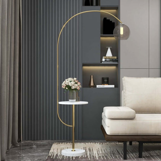 Modern Arc Floor Lamp with Faux Marble Base and USB Charging