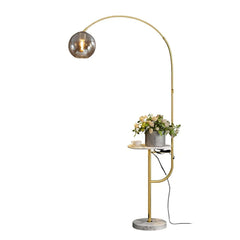 Modern Arc Floor Lamp with Faux Marble Base and USB Charging