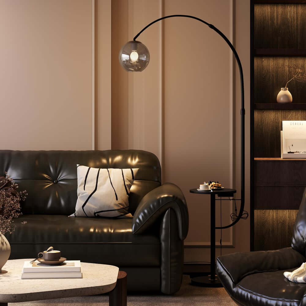 Modern Arc Floor Lamp with Faux Marble Base and USB Charging
