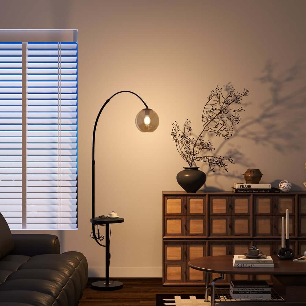 Modern Arc Floor Lamp with Faux Marble Base and USB Charging