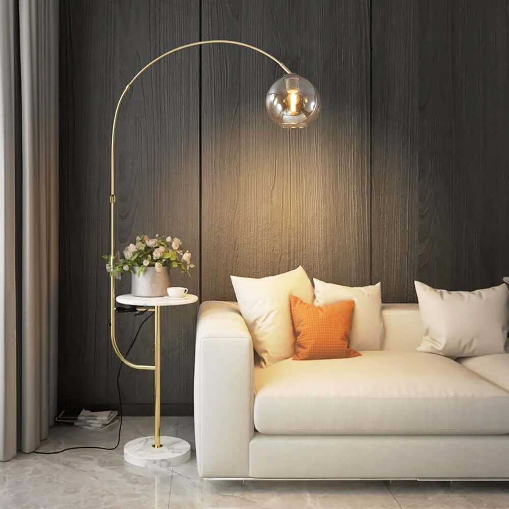 Modern Arc Floor Lamp with Faux Marble Base and USB Charging Main Product Image