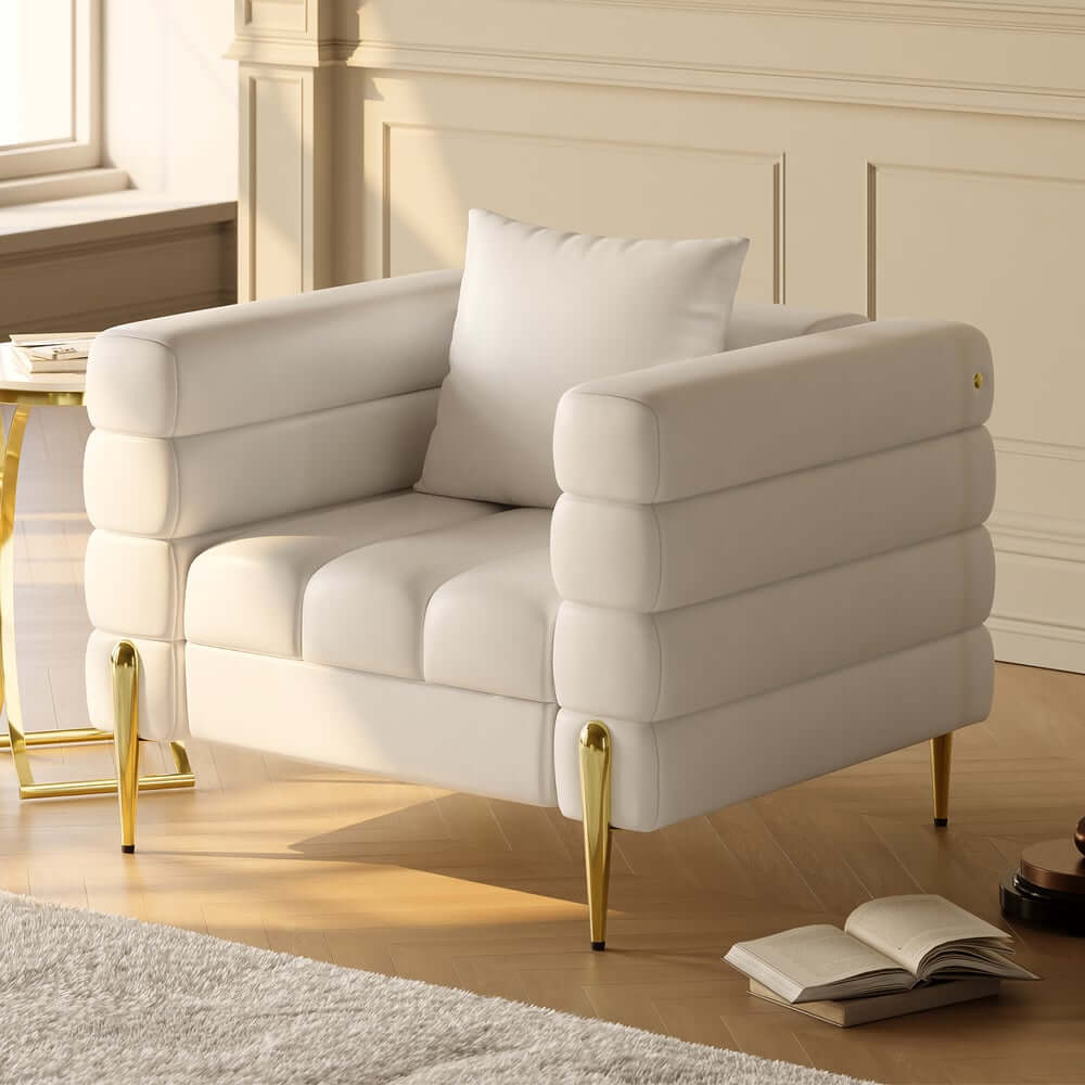 Modern Armchair With Gold Legs And Faux Leather Upholstery