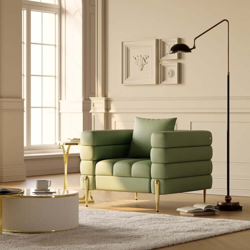 Modern Armchair With Gold Legs And Faux Leather Upholstery