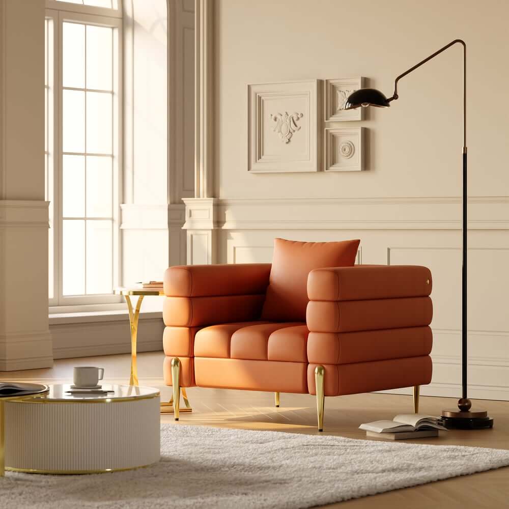 Modern Armchair With Gold Legs And Faux Leather Upholstery