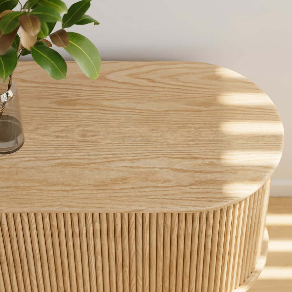 Modern Ash Wood Oval Coffee Table with Tambour Doors