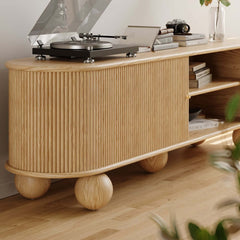 Modern Ash Wood Oval Coffee Table with Tambour Doors