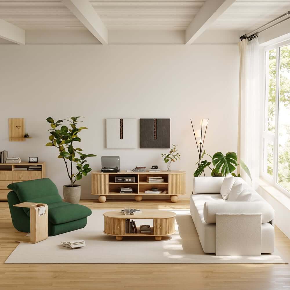 Modern Ash Wood Oval Coffee Table with Tambour Doors