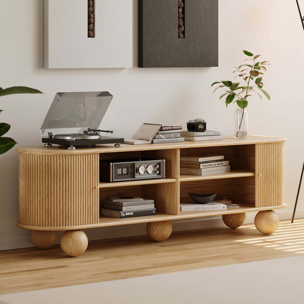 Modern Ash Wood Oval Coffee Table with Tambour Doors