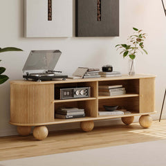 Modern Ash Wood Oval Coffee Table with Tambour Doors